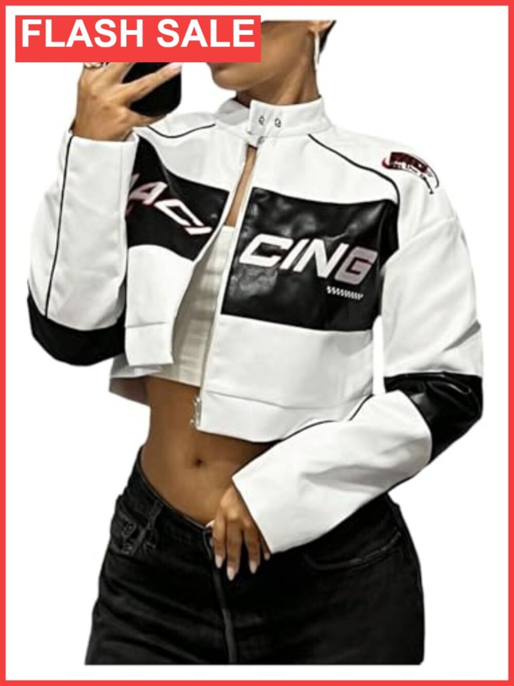 Faux Leather Zip Up Crop Graphic Jacket Y2K Streetwear